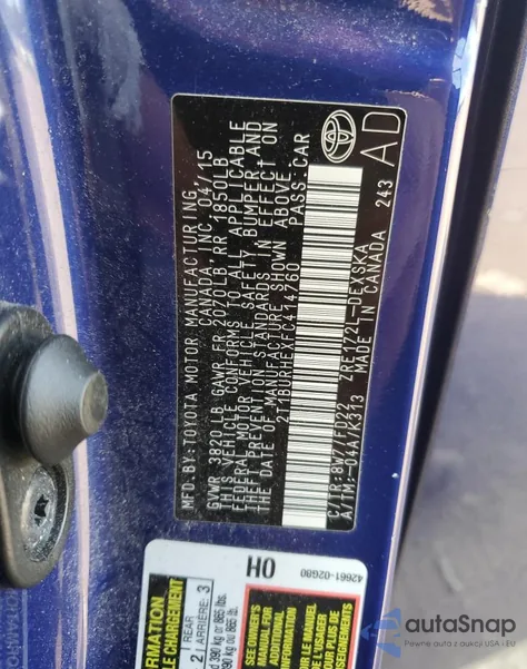 2015 Toyota Corolla L from USA, damaged, VIN 2T1BURHEXFC414760